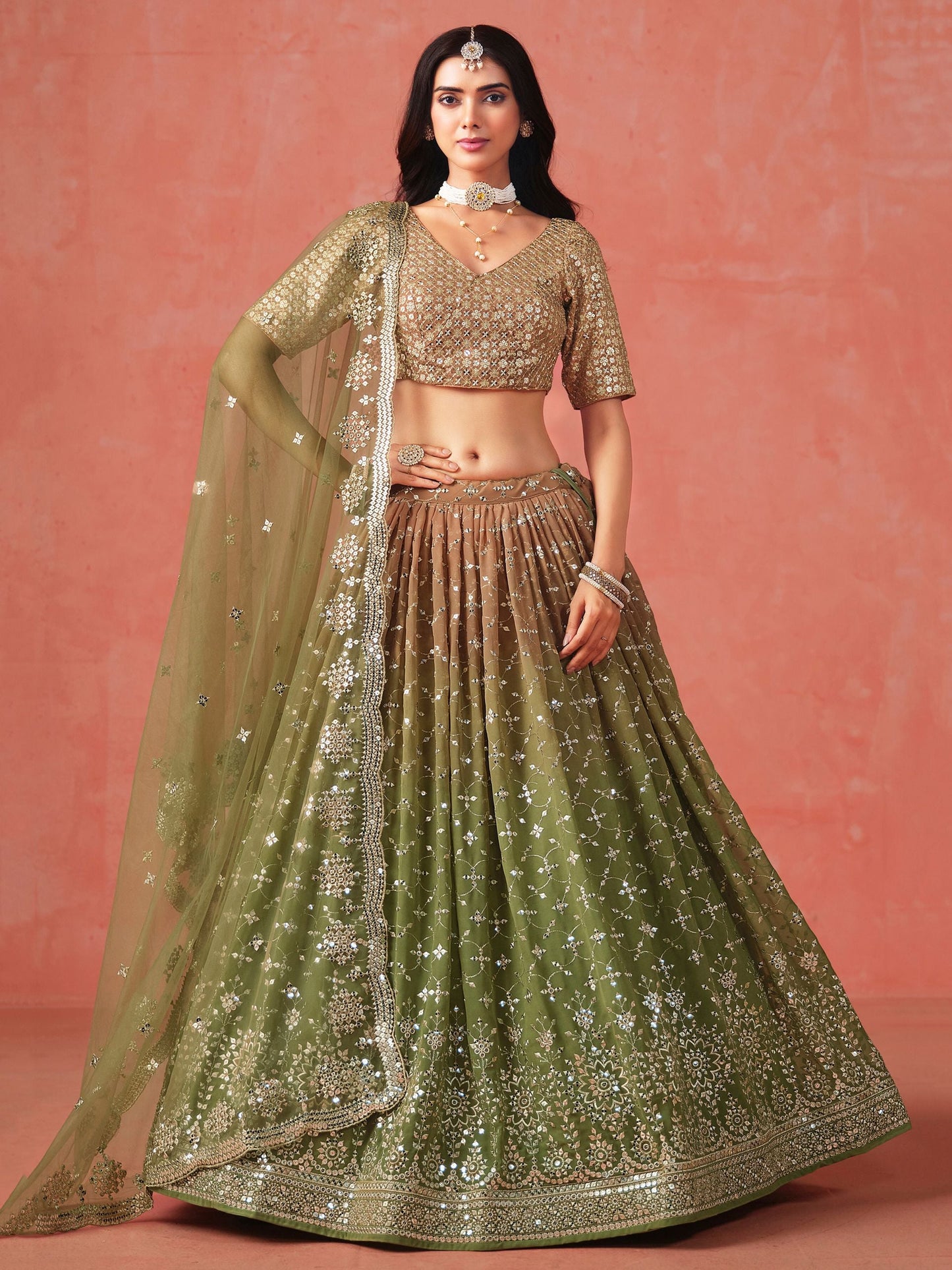 Vritika Mehndi Green Georgette Lehenga Set
