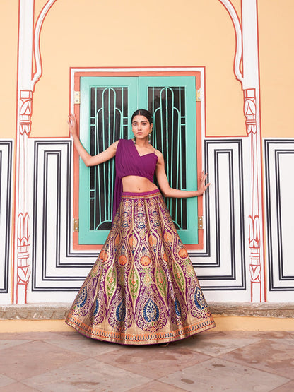 Nayika Maroon Banarasi Bliss Stiched Crop Top Lehengha