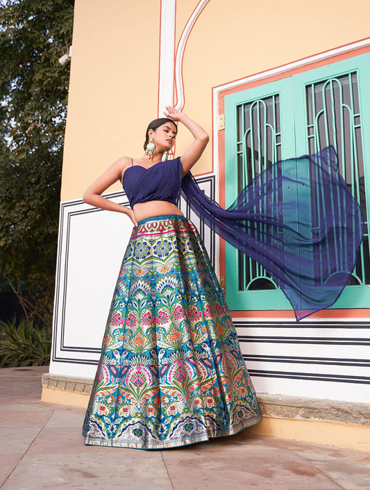 Nayika Blue Banarasi Bliss Stiched Crop Top Lehengha