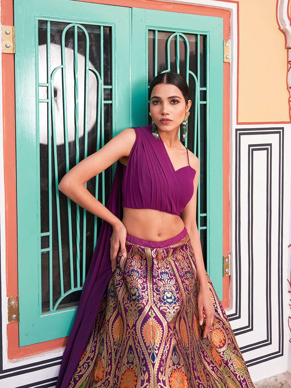 Nayika Maroon Banarasi Bliss Stiched Crop Top Lehengha