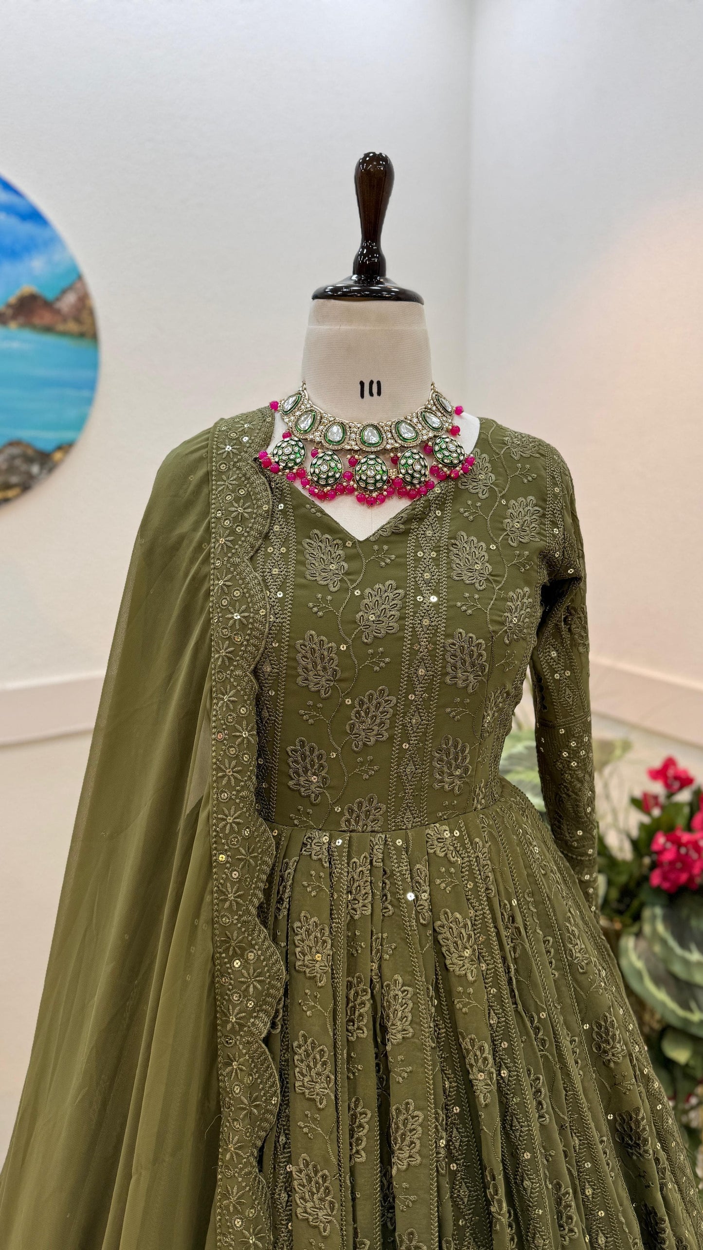 Green Forest Georgette Sequence Work Anakali