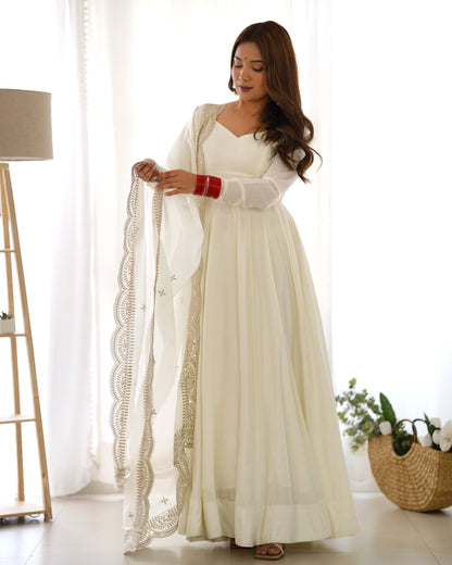 White Mastani Roman Silk Fully Flare Anarkali Gown