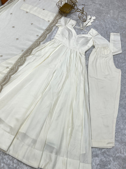 White Mastani Roman Silk Fully Flare Anarkali Gown