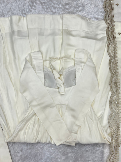 White Mastani Roman Silk Fully Flare Anarkali Gown