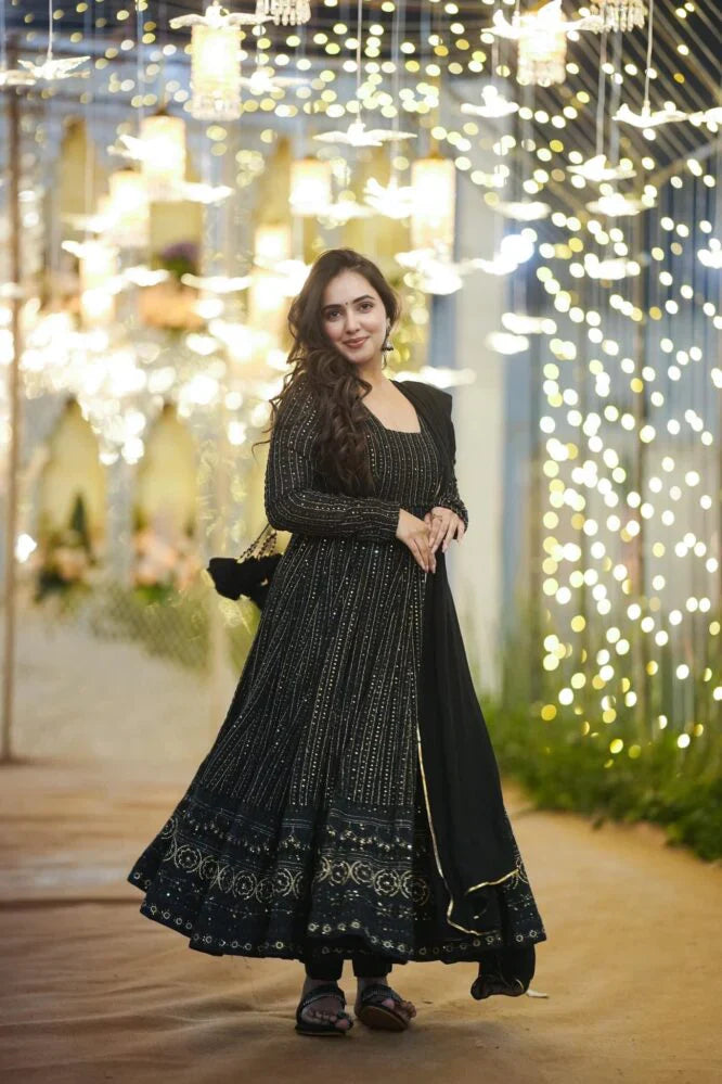 Shine Black Black Embroidered Georgette Suit