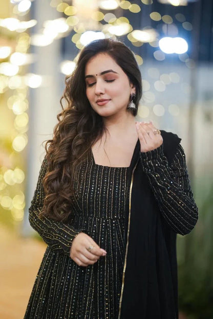 Shine Black Black Embroidered Georgette Suit