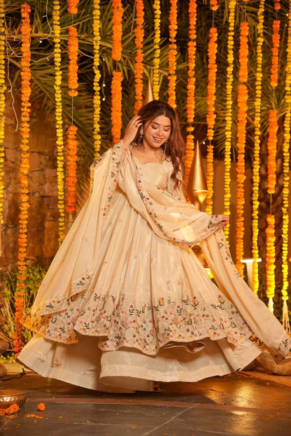 Shaarika White Crunchy Silk Anarkali Palazzo Set