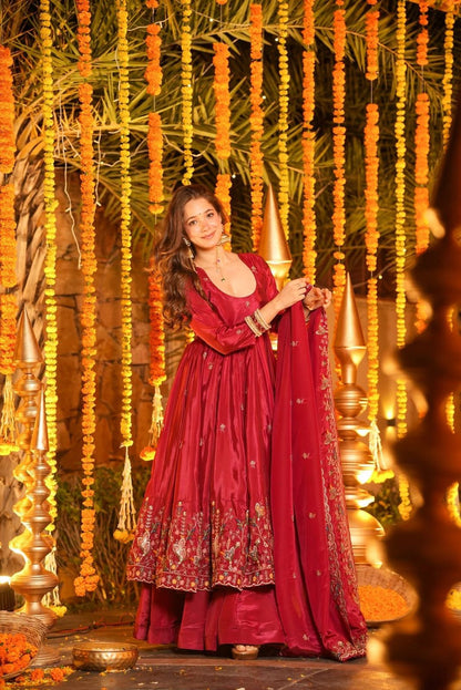 Kritisha Maroon Crunchy Silk Anarkali Palazzo Set