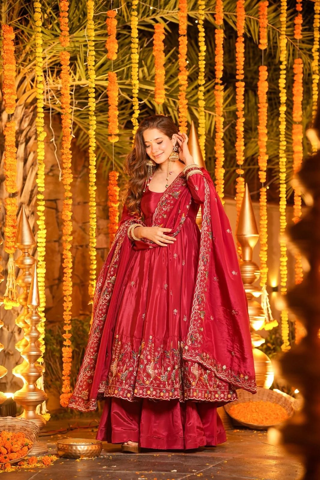 Kritisha Maroon Crunchy Silk Anarkali Palazzo Set