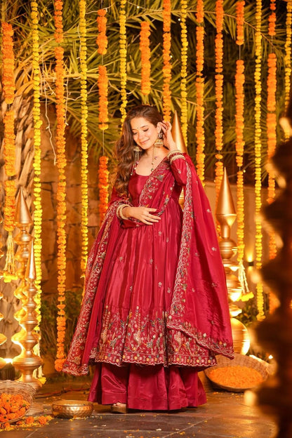 Kritisha Maroon Crunchy Silk Anarkali Palazzo Set