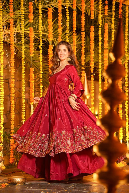 Kritisha Maroon Crunchy Silk Anarkali Palazzo Set