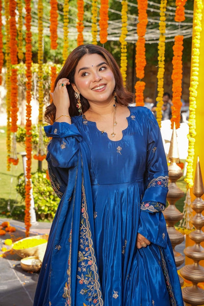 Vanshika Blue Crunchy Silk Anarkali Palazzo Set