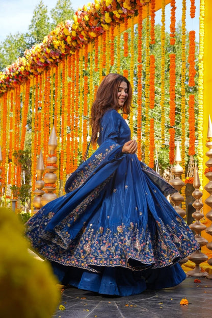 Vanshika Blue Crunchy Silk Anarkali Palazzo Set