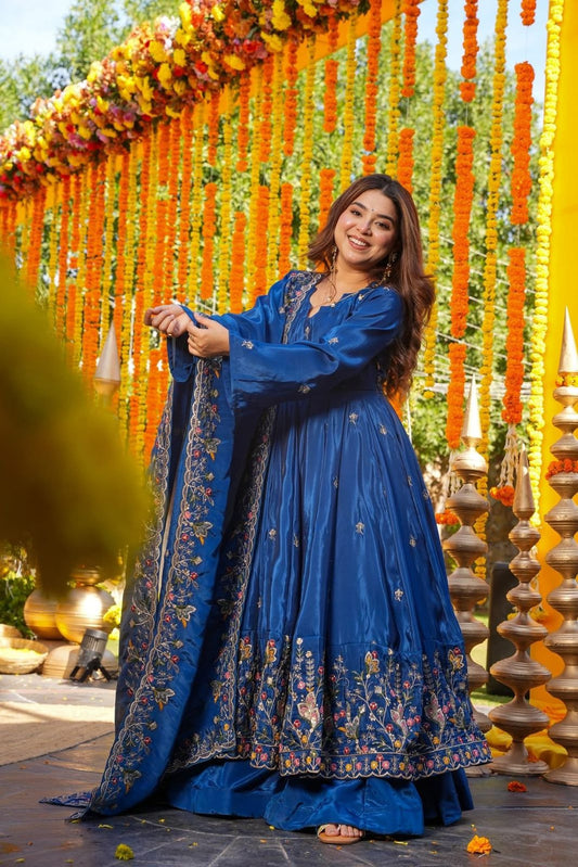Vanshika Blue Crunchy Silk Anarkali Palazzo Set