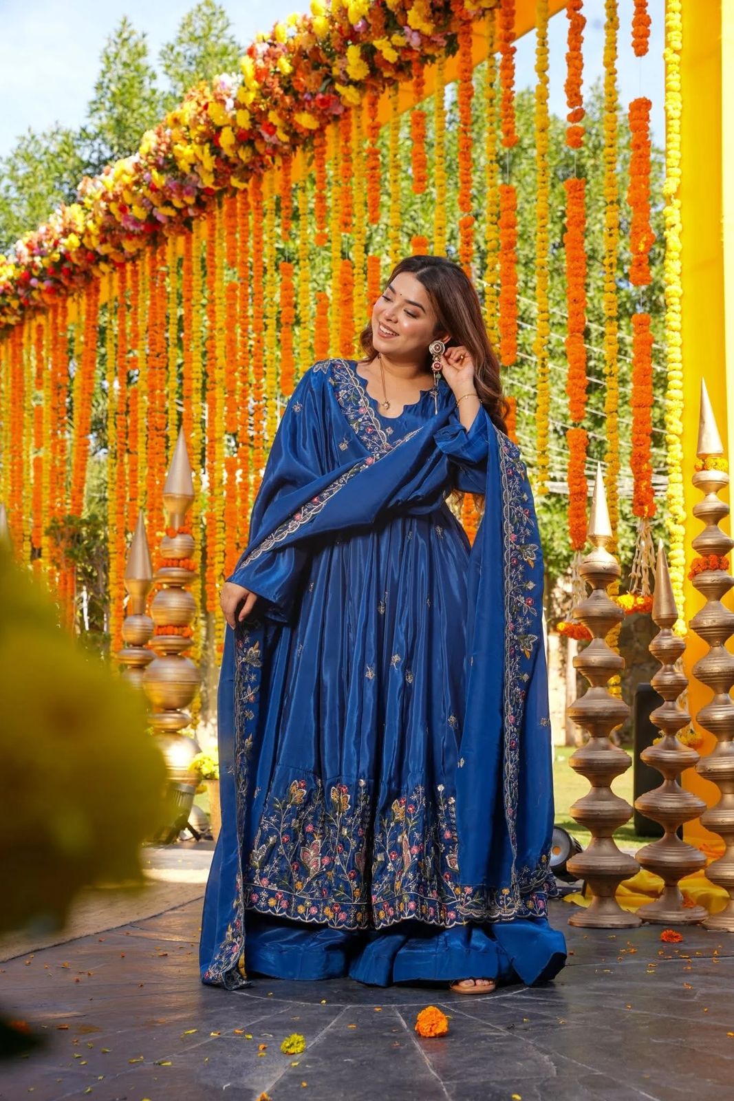 Vanshika Blue Crunchy Silk Anarkali Palazzo Set