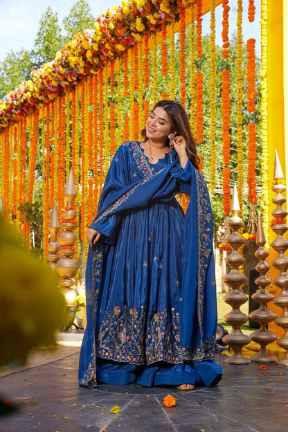 Vanshika Blue Crunchy Silk Anarkali Palazzo Set