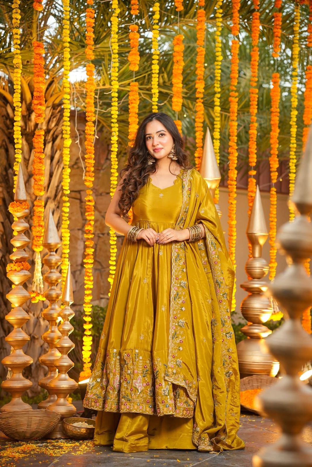 Pranavi Yellow Crunchy Silk Anarkali Palazzo Set