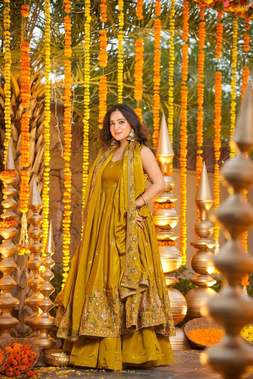Pranavi Yellow Crunchy Silk Anarkali Palazzo Set