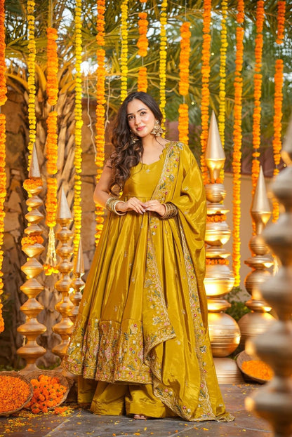 Pranavi Yellow Crunchy Silk Anarkali Palazzo Set