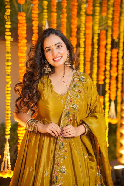 Pranavi Yellow Crunchy Silk Anarkali Palazzo Set