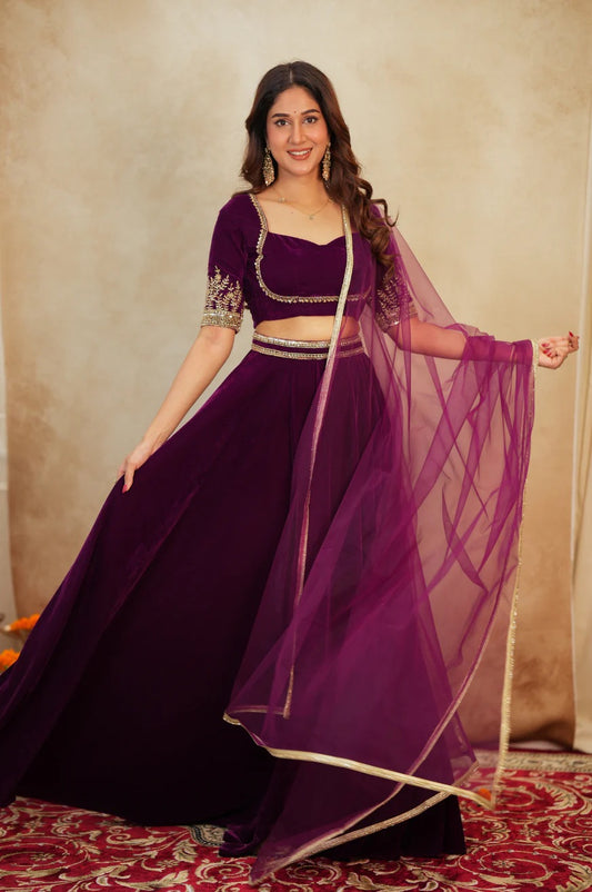 Elvaira Velvet Border-Work Lehenga Choli