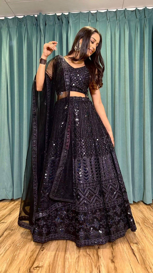 New Black Partywear Net Lehengha Choli