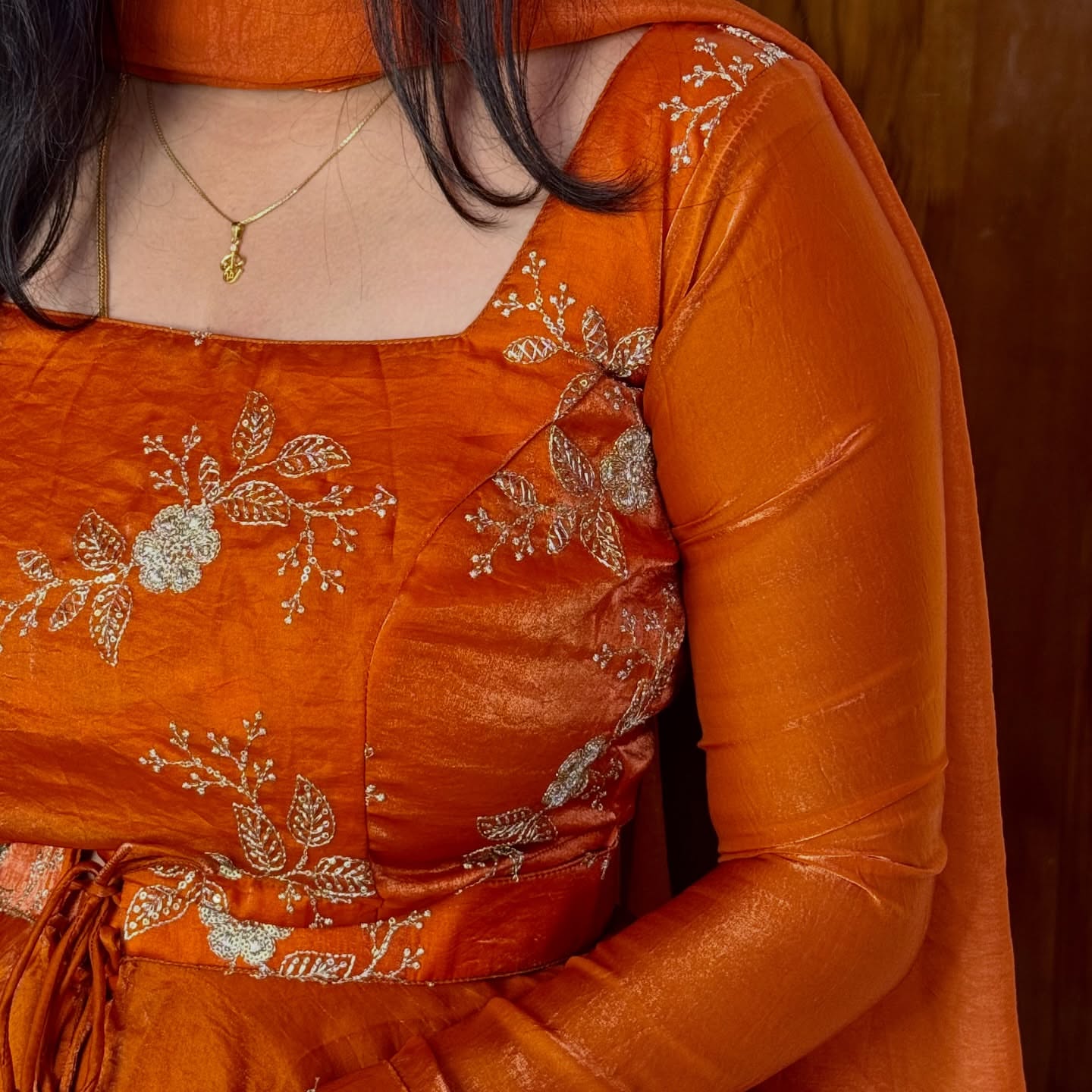 Ira Orange Heavy Fandy Satin Peplum Lehenga Set