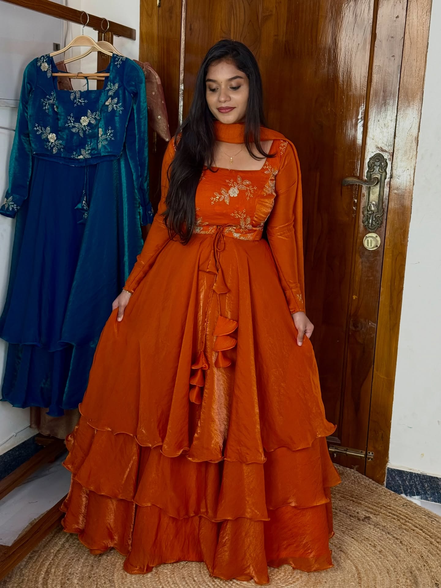 Ira Orange Heavy Fandy Satin Peplum Lehenga Set
