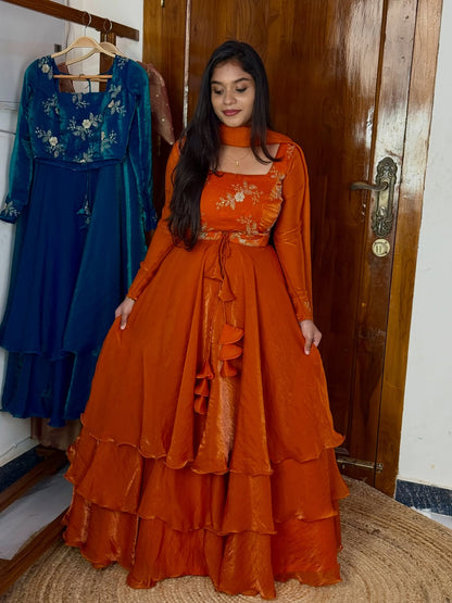 Ira Orange Heavy Fandy Satin Peplum Lehenga Set