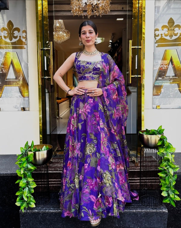Virella Purple Floral Tabby Silk Lehenga Set