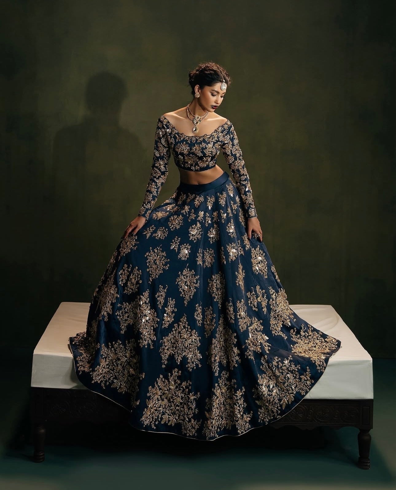 Zehara Navy Blue Polo Silk Zari Dori & Sequins Embroidered Lehenga Choli