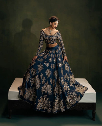Zehara Navy Blue Polo Silk Zari Dori & Sequins Embroidered Lehenga Choli