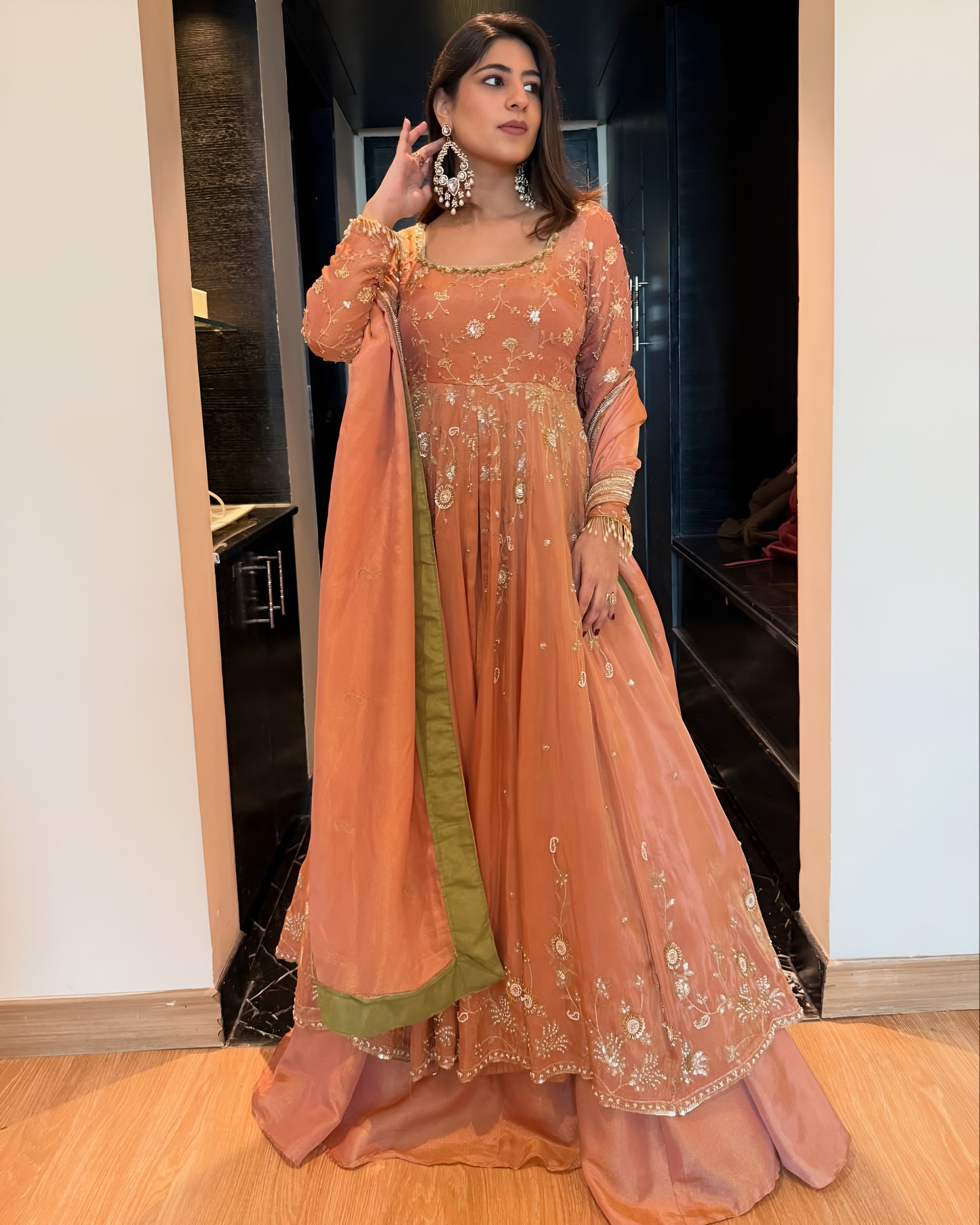 Vedika Peach Star Georgette Heavy Sequins & Zari Work Lehenga Set