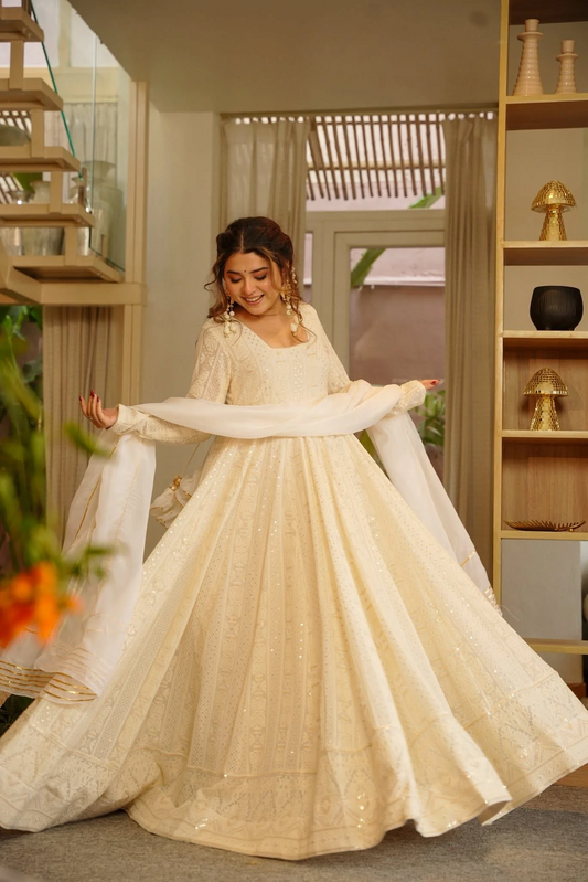 Yuvisha Off-White Soft Georgette Sequins & Zari Work Pant Set
