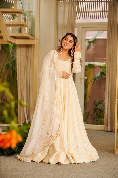 Yuvisha Off-White Soft Georgette Sequins & Zari Work Pant Set