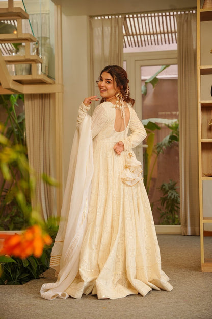 Yuvisha Off-White Soft Georgette Sequins & Zari Work Pant Set