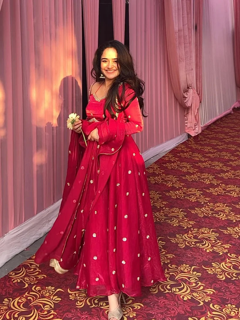 Tasnvi Fendy Silk Blush Red Anarkali Premium Suit Set
