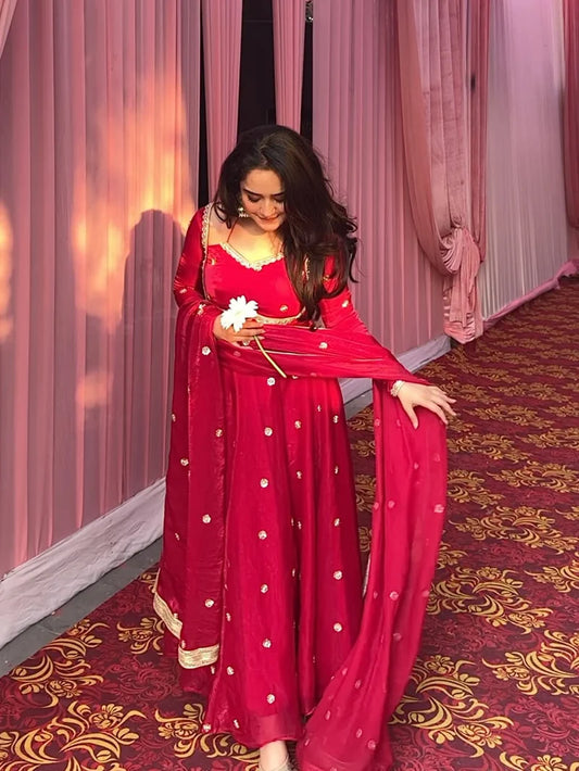 Tasnvi Fendy Silk Blush Red Anarkali Premium Suit Set