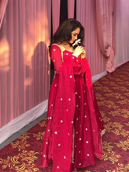 Tasnvi Fendy Silk Blush Red Anarkali Premium Suit Set