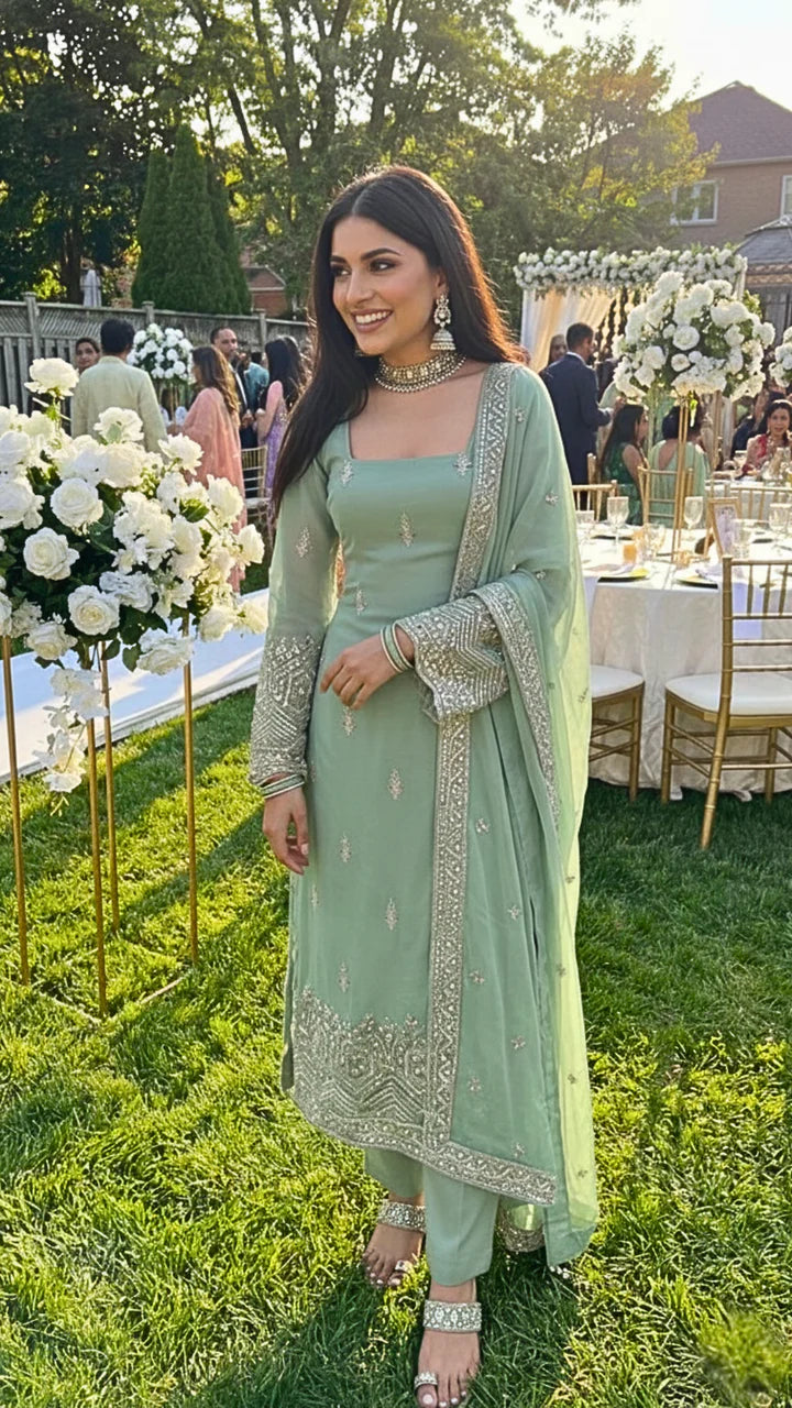 Aishwarya Emerald Green Faux Georgette Anarkali Pant Set