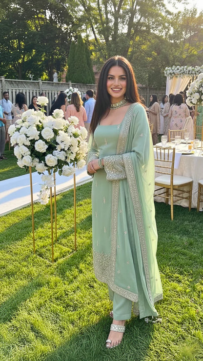 Aishwarya Emerald Green Faux Georgette Anarkali Pant Set