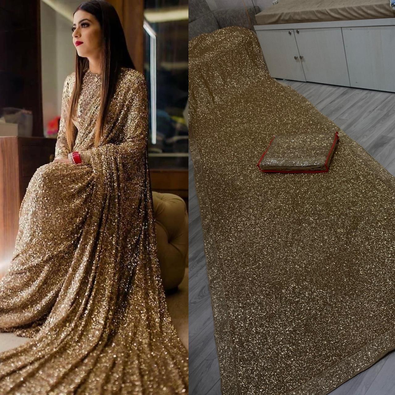 Gold Colour Heavy Sequence Wedding Saree