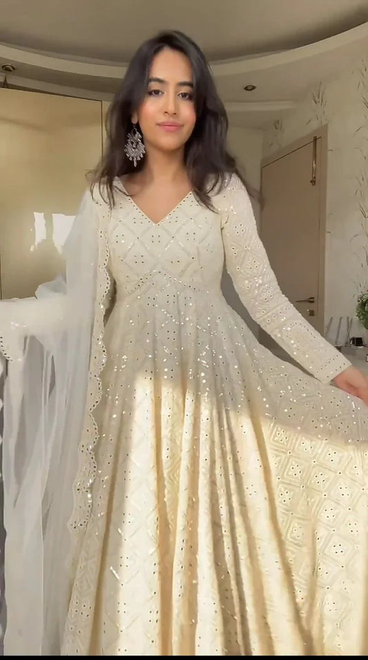 Lukhnowi Chikankari Georgette Fully Stiched Anarkali Gown