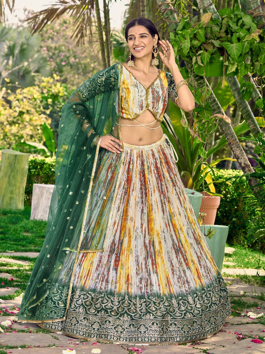 Green Chinon Fabric Zari Embroidery Work  Lehengha Choli