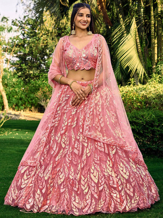 Pink Soft Net Partywear Thread Embroidery Work Lehengha Choli