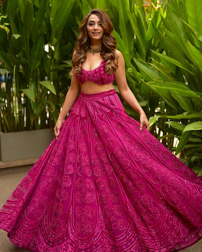 Pink Sequins,Thread & Dori Work Kasturi Silk Lehenga Set