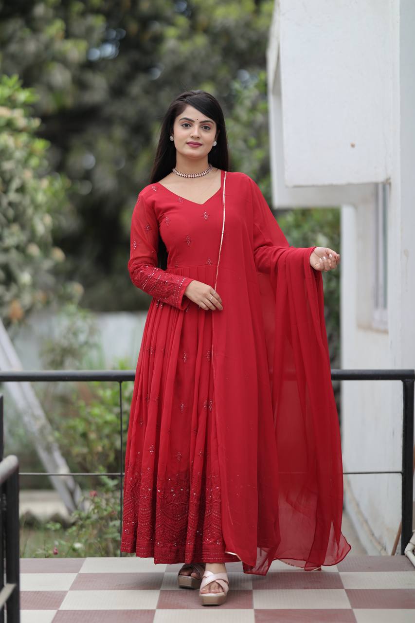 Elegant Maroon Georgette Anarkali Suit Set with Matching Dupatta