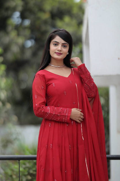 Elegant Maroon Georgette Anarkali Suit Set with Matching Dupatta
