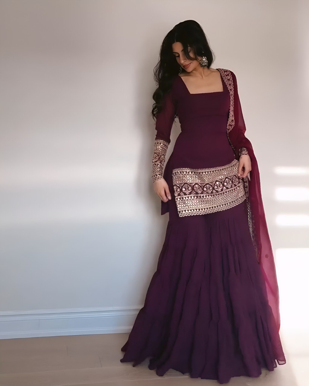 Meher Wine Georgette Cording Embroidered Sharara Set