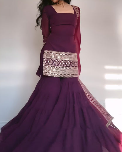 Meher Wine Georgette Cording Embroidered Sharara Set